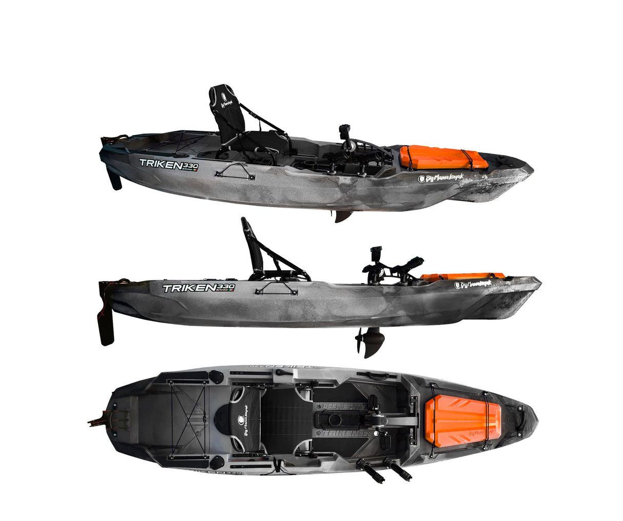 BIG MAMA PEDAL KAYAK TRIKEN 330 - SINGLE-SEAT FISHING CANOE WITH 4 ROD HOLDERS, 2 LOCKERS, RUDDER, PEDAL SYSTEM, RAISED SEAT, 11 SLIDING BARS ver. orange lid 