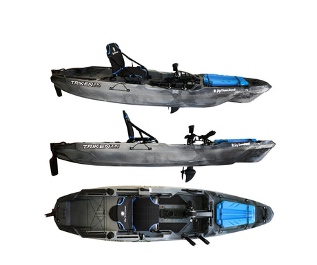 BIG MAMA KAYAK A PEDALI TRIKEN 330 - CANOA MONOPOSTO FISHING CON 4 PORTACANNE, 2 GAVONI, TIMONE, SISTEMA DI PEDALI, SEDILE RIALZATO, 11 BARRE DI SCORRIMENTO ver. coperchio azzurro - TIMESPORT24