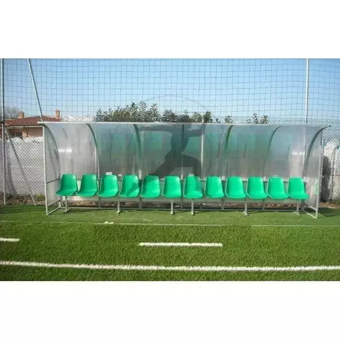 Af1502/18 Panchina Allenatori Lunghezza 9 Metri ( 18 Posti) Panchina Da Calcio Copertura In Policarbonato Alveolare Tetto Curvo Seduta In Scocche Di Pvc - TIMESPORT24