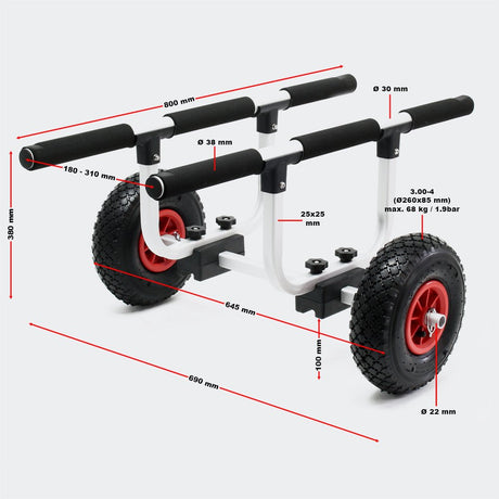 Canoe Kayak Trolley Trolley Horizontal Bars Capacity 90 Kg - 26 Cm Wheels Cod 62640 62639 - Big Mama Kayak Suitable for Triken 405 