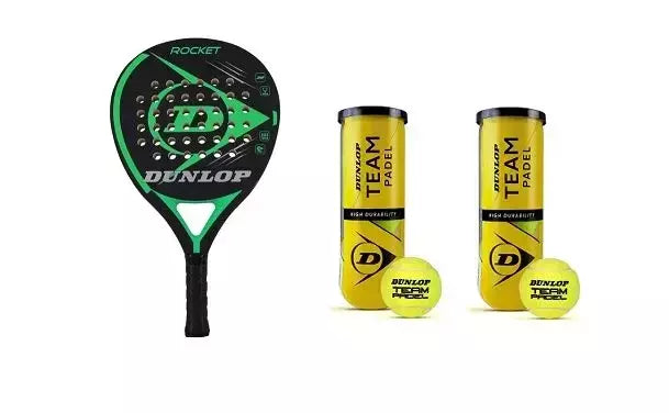 Pack Racchetta Padel Rocket Green Dunlop Cod.623964 + 2 Tubi Palline (6 Pz) Cod.601385 - TIMESPORT24