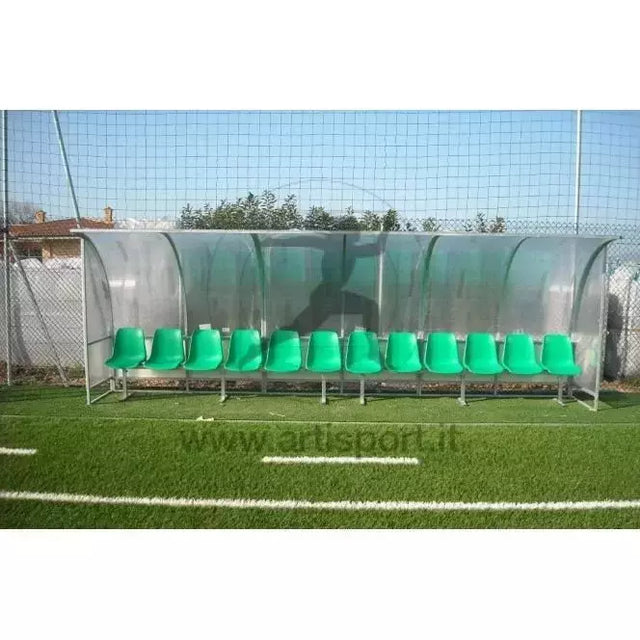 Af1502/12 Panchina Allenatori Lunghezza 6 Metri ( 12 Posti) Panchina Da Calcio Copertura In Policarbonato Alveolare Tetto Curvo Seduta In Scocche Di Pvc - TIMESPORT24