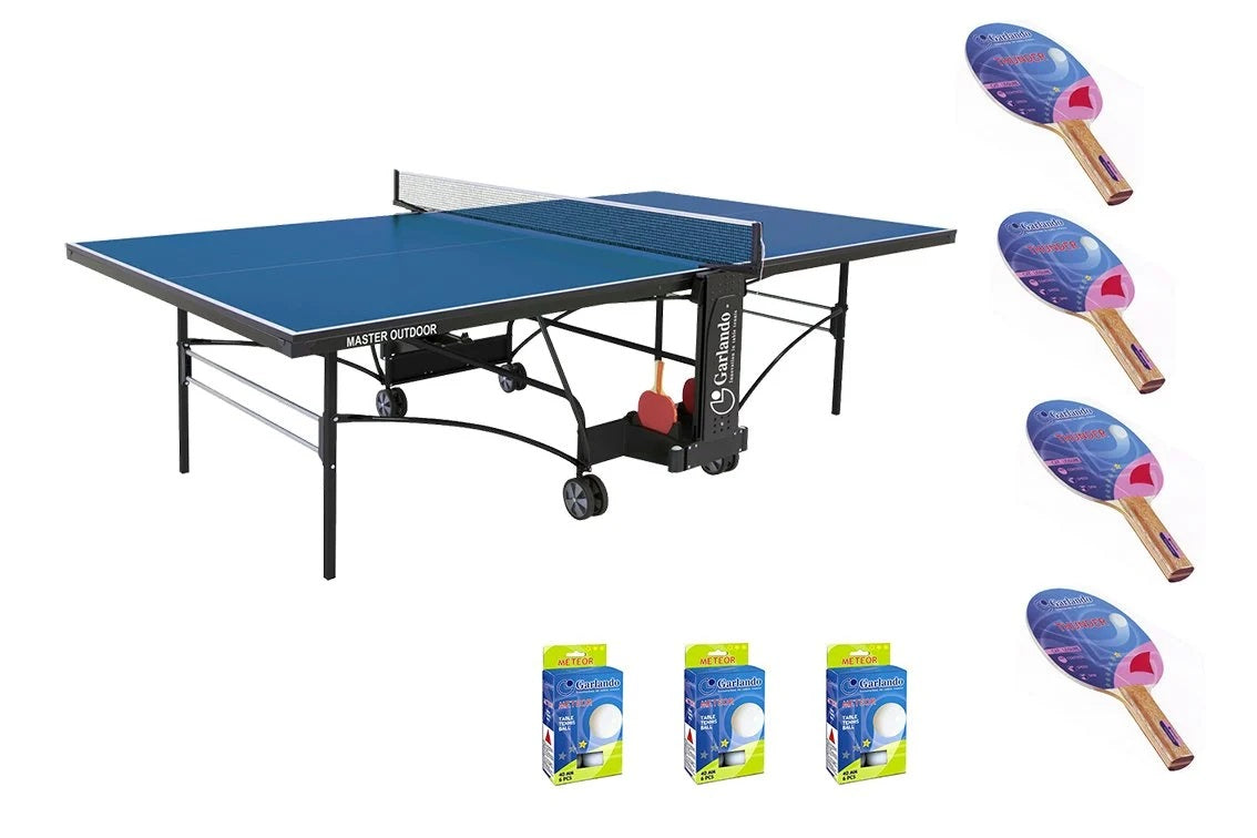 Tavolo Ping Pong Master Outdoor Blu COD.C-373E Garlando con 4 Racchette Thunder e 18 Palline In Omaggio - TIMESPORT24