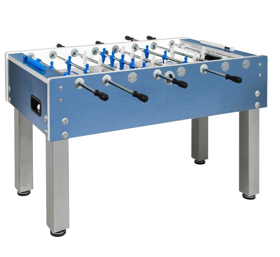 G 500 Weatherproof blue football table with retracting rods, Garlando glass playing surface with feet, 50 balls and free waterproof cover 