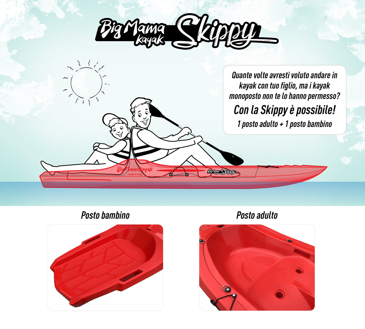 KAYAK MONOPOSTO SKIPPY 2.0 EXPEDITION BIG MAMA KAYAK CANOA 305 CM 1 POSTO ADULTO + 1 POSTO BAMBINO + 1 SEGGIOLINO (PACK 2) - TIMESPORT24