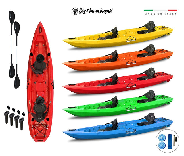 kayak biposto Mojito FISHING Big Mama Kayak canoa con 2 + 1 Posti 380 Cm + 2 Pagaie + 2 Gavoni + 2 ruote integrate + 4 portacanne - TIMESPORT24