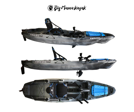 BIG MAMA KAYAK A PEDALI TRIKEN 330 - CANOA MONOPOSTO FISHING CON 4 PORTACANNE, 2 GAVONI, TIMONE, SISTEMA DI PEDALI, SEDILE RIALZATO, 11 BARRE DI SCORRIMENTO ver. coperchio azzurro - TIMESPORT24