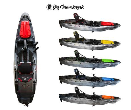 BIG MAMA KAYAK A PEDALI TRIKEN 330 - CANOA MONOPOSTO FISHING CON 4 PORTACANNE, 2 GAVONI, TIMONE, SISTEMA DI PEDALI, SEDILE RIALZATO, 11 BARRE DI SCORRIMENTO ver. coperchio azzurro - TIMESPORT24