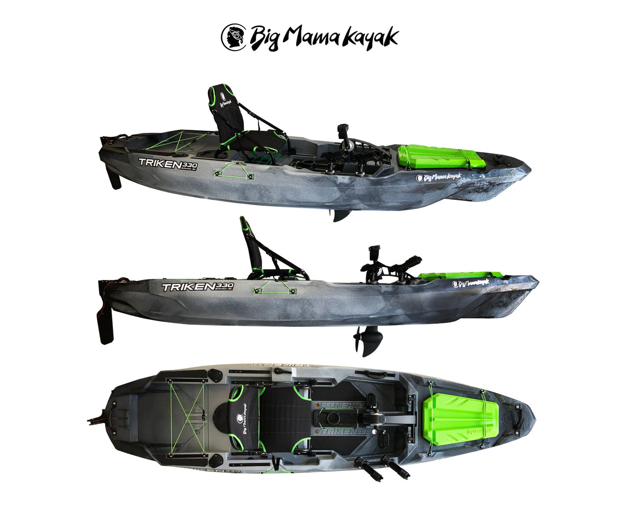 BIG MAMA PEDAL KAYAK TRIKEN 330 - SINGLE-SEAT FISHING CANOE WITH 4 ROD HOLDERS, 2 LOCKERS, RUDDER, PEDAL SYSTEM, RAISED SEAT, 11 SLIDING BARS ver. green lid 