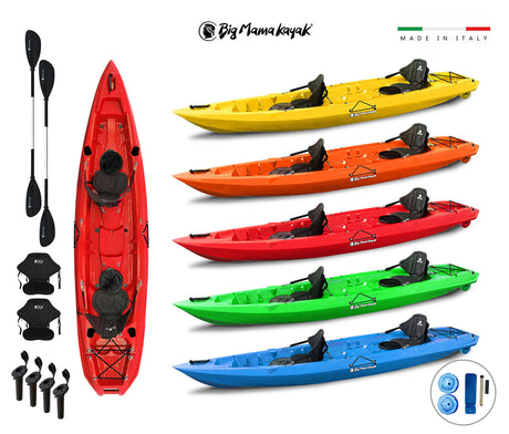 kayak biposto Mojito FISHING Big Mama Kayak canoa con 2 + 1 Posti 380 Cm + 2 Pagaie + 2 seggiolini + 2 Gavoni + 2 ruote integrate + 4 portacanne (FULL PACK) - TIMESPORT24