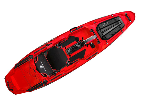 BIG MAMA KAYAK A PEDALI TRIKEN 330 - CANOA MONOPOSTO FISHING CON 4 PORTACANNE, 2 GAVONI, TIMONE, SISTEMA DI PEDALI, SEDILE RIALZATO, 11 BARRE DI SCORRIMENTO ver. scafo rosso