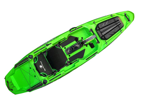 BIG MAMA PEDAL KAYAK TRIKEN 330 - SINGLE-SEAT FISHING CANOE WITH 4 ROD HOLDERS, 2 LOCKERS, RUDDER, PEDAL SYSTEM, RAISED SEAT, 11 SLIDING BARS ver. green hull 